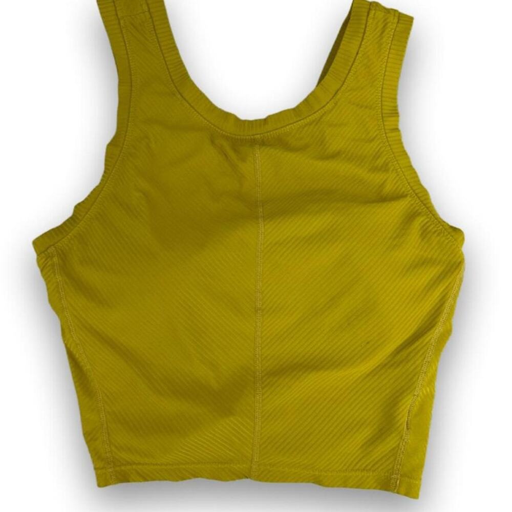 Prana yellow ribbed green mustard long line workout bra, size Medium